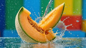 Dynamisk splash av Crenshaw-melonjuice med droppar.