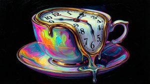 Jam meleleh surealis terinspirasi Dali yang tergantung di atas cangkir teh dengan warna neon cerah
