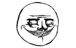 A cartoon troll face with a wide grin and bulging eyes drawn in black and white line art. — Meme Profile Wallpaper
