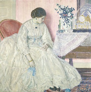 Memories by Frederick Carl Frieseke, created 1915, in oil on canvas. Download this artwork as a high-resolution wallpaper for desktop, tablet, or mobile. — Frederick Carl Frieseke Wallpaper