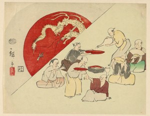 Men Feasting by Ando Hiroshige, created 1797-1858, in Woodblock print in colored ink on paper. Download this artwork as a high-resolution wallpaper for desktop, — Ando Hiroshige Wallpaper