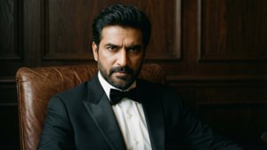 Lawrence Bishnoi mengenakan tuksedo duduk di kursi kulit.