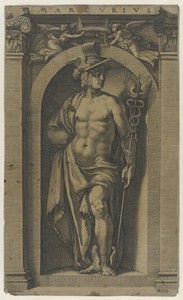 Mercurius by Hendrick Goltzius, created 1592, in paper; engraving. Download this artwork as a high-resolution wallpaper for desktop, tablet, or mobile. — Hendrick Goltzius Wallpaper