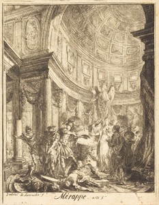 Merope by Gabriel de Saint-Aubin, created 1750, in etching on laid paper. Download this artwork as a high-resolution wallpaper for desktop, tablet, or mobile. — Gabriel de Saint-Aubin Wallpaper