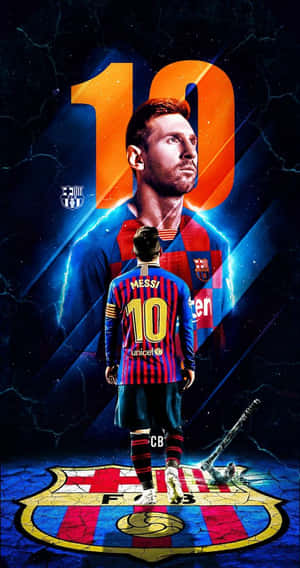Fotbollsspelaren Lionel Messi i FC Barcelona-tröja stående på klubbemblemet med glödande nummer 10 bakom sig. — iPhone Xs Marvel Bakgrund Bakgrunder