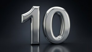 Shiny silver 10 with 3D effect on dark gradient.