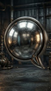 A shiny chrome speech bubble with scratches hovers in a dark industrial workshop with pipes and gears.