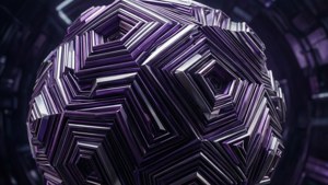 Sci-fi-baggrund med en dynamisk metallisk polygon i lilla og sølv med dramatisk belysning.