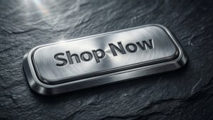 Tombol Shop Now perak metalik premium dengan tekstur disikat pada batu tulis gelap.