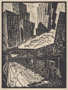 Metropolis by Gan Kolski, created c. 1932, in linocut. Download this artwork as a high-resolution wallpaper for desktop, tablet, or mobile. — Gan Kolski Wallpaper