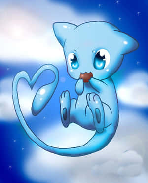 Um Mewtwo azul flutua em um céu estrelado segurando um pequeno objeto marrom com uma cauda em forma de coração. — Novo plano de fundo Papéis de Parede