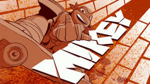 Cartoon turtle breaking through brick wall with graffiti letters. — Michelangelo Picture