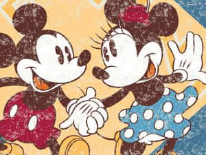 Mickey og Minnie Mouse holder i hånden i en vintage tegneseriestil med distressed tekstur. — Mickey Mouse Wallpapers