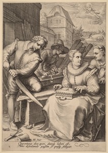 Midday by Jan Saenredam, created c.1595-1598, in engraving laid on paper. Download this artwork as a high-resolution wallpaper for desktop, tablet, or mobile. — Jan Saenredam Wallpaper