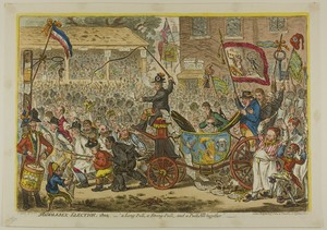 Middlesex Election by James Gillray, created published August 7, 1804, in Hand-colored etching on paper. Download this artwork as a high-resolution wallpaper fo — Illustration Background