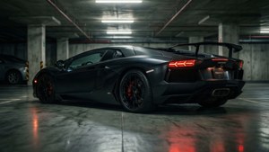 A black Lamborghini Aventador gleaming in a dark garage.