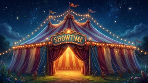 Magisches Zirkuszelt leuchtet unter Sternen mit Showtime-Schild