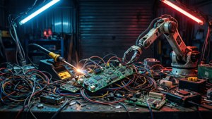 Et mørkt, kaotisk elektronisk arbeidsbenk med neonlys i en garasje.