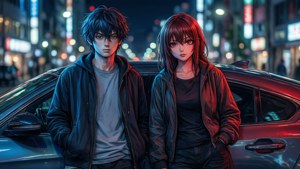 Aoba dan Koujaku bersandar di mobil pada malam hari, pencahayaan biru dan merah terpisah, seni anime modern.