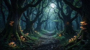 Uno sfondo fantasy di un sentiero scuro nella foresta a mezzanotte con funghi luminosi e chiaro di luna