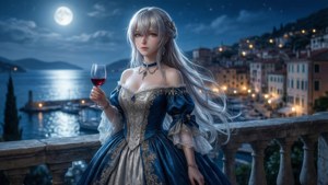 Prinz Eugen dalam gaun formal di balkon yang diterangi cahaya bulan menghadap ke pelabuhan