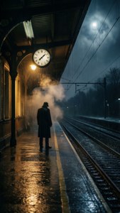 Melankolsk enslig skikkelse på tom regnvåt jernbaneplattform ved midnatt med noir-filmisk atmosfære