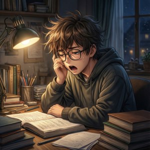 A glasses-wearing anime boy studies late at night in a cozy room.