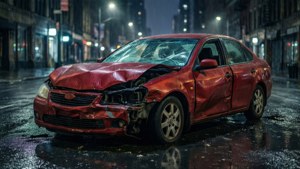 A moody night scene of a broken red sedan on a wet city street.