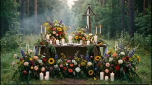 Um altar de solstício de verão decorado com flores em uma clareira na floresta com velas.