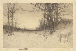 Midwinter by Wilhelm Cornelis Bauer, created 1888, in etching. Download this artwork as a high-resolution wallpaper for desktop, tablet, or mobile. — Wilhelm Cornelis Bauer Wallpaper