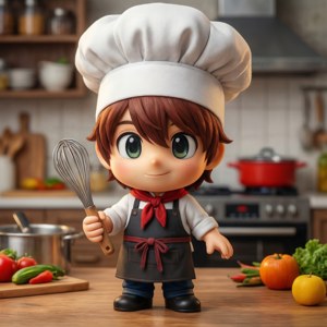 Cartoon style of a Mii chef in a kitchen.