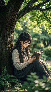 Miku Nakano membaca dengan tenang di bawah pohon di taman yang cerah.