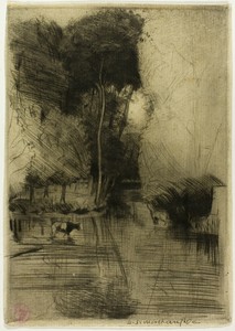 Mill Stream by Donald Shaw MacLaughlan, created 1899, in Drypoint in black on cream laid paper. Download this artwork as a high-resolution wallpaper for desktop — Donald Shaw MacLaughlan Wallpaper