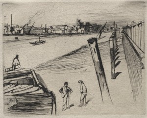 Millbank by James McNeill Whistler, created 1861, in etching. Download this artwork as a high-resolution wallpaper for desktop, tablet, or mobile. — Art Picture