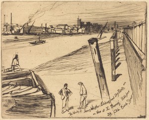 Millbank by James McNeill Whistler, created 1861, in etching and drypoint on laid paper. Download this artwork as a high-resolution wallpaper for desktop, table — Art Picture