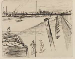 Millbank by James McNeill Whistler, created 1861, in Etching; ink on paper. Download this artwork as a high-resolution wallpaper for desktop, tablet, or mobile. — Art Wallpaper