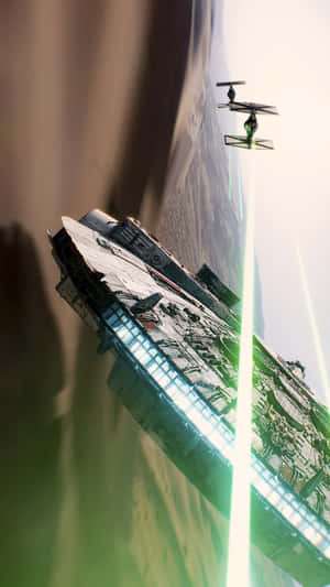 Millennium Falcon dodges a green laser in a canyon during a space battle.