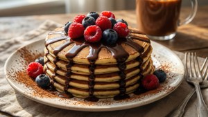 Stapel pannkakor med chokladsås och bär på en tallrik med kaffe och gafflar.