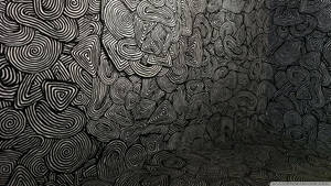 Motif abstrait noir et blanc de lignes tourbillonnantes et de formes géométriques.