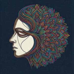 En minimalistisk profil med en linje, der danner en farverig mandala, der repræsenterer fokuseret tanke og meditation.