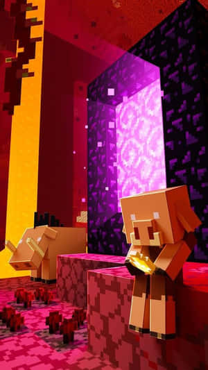Två Minecraft-grisar i ett glödande Nether-landskap med röda och lila block. — Minecraft Bilder