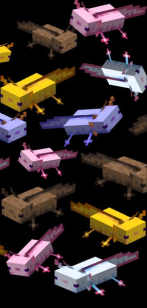 Bunte pixelierte Axolotl schweben in einer Minecraft-inspirierten digitalen Szene. — Minecraft Desktop Wallpaper