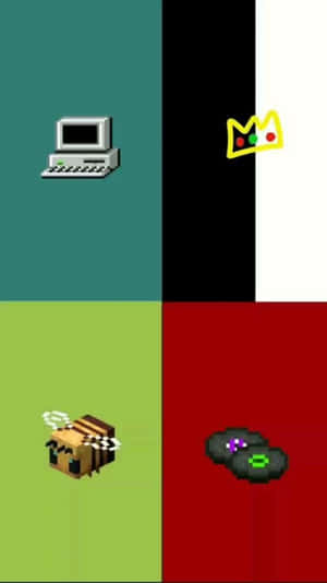 Vier Pixel-Art-Symbole auf farbigen Hintergründen: Laptop, Krone, Biene und Schallplatten. — Minecraft Desktop Wallpaper