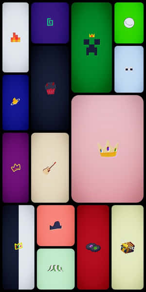 Grid of colorful minimalist digital icons on solid backgrounds. — Minecraft Android Wallpaper