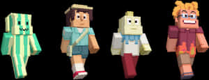 Four Minecraft-style blocky characters with different outfits and expressions.