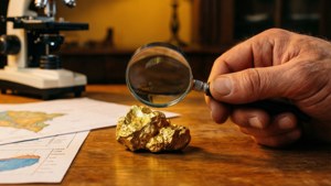 En detaljeret nærbillede af en hånd, der analyserer en guldmalmprøve med et forstørrelsesglas i et varmt studiemiljø.
