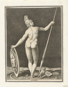 Minerva by Jan Collaert (II), created 1576 - 1628, in paper; engraving. Download this artwork as a high-resolution wallpaper for desktop, tablet, or mobile. — Jan Collaert (II) Wallpaper