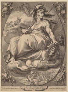 Minerva by Hendrick Goltzius, created 1596, in engraving on laid paper. Download this artwork as a high-resolution wallpaper for desktop, tablet, or mobile. — Art Picture