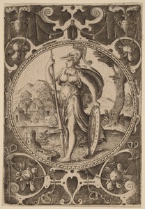 Minerva by Abraham de Bruyn, in engraving on laid paper. Download this artwork as a high-resolution wallpaper for desktop, tablet, or mobile. — Abraham de Bruyn Wallpaper