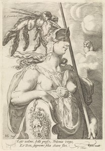 Minerva by Jan Saenredam, created 1575 - 1607, in paper; engraving. Download this artwork as a high-resolution wallpaper for desktop, tablet, or mobile.